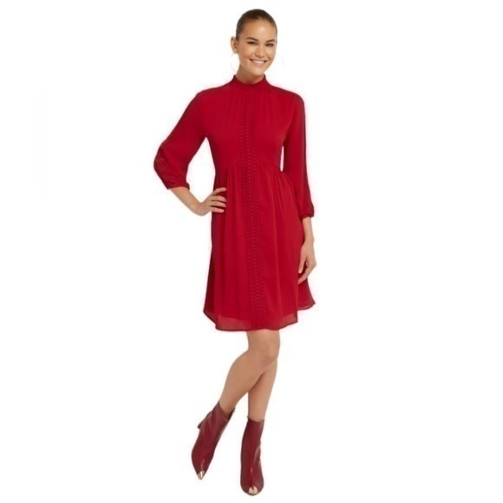 New York & Company-Lace-Accent Mock-Neck Shift Dress